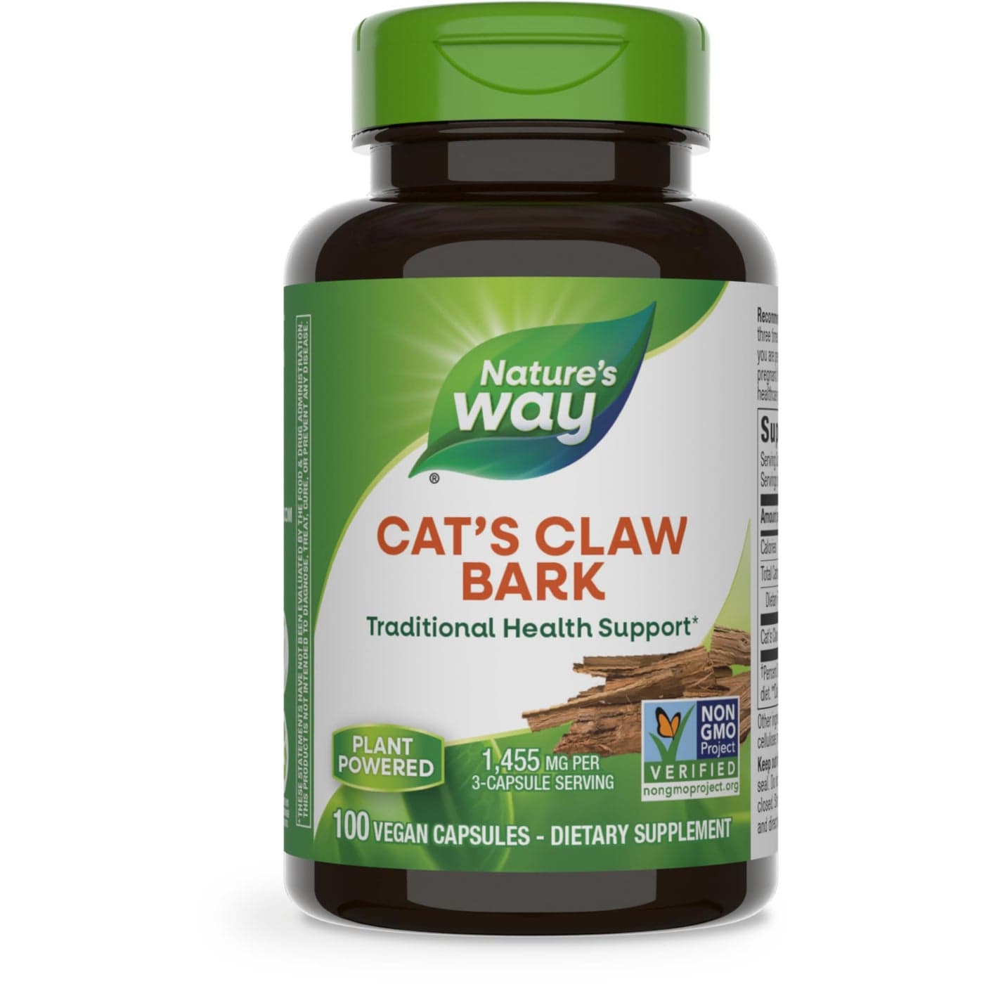 Nature's Way Cat’s Claw Bark, Traditional Health Support*, 1,455 mg per 3-Capsule Serving, Non-GMO Project Verified, 100 Vegan Capsules (Packaging May Vary)