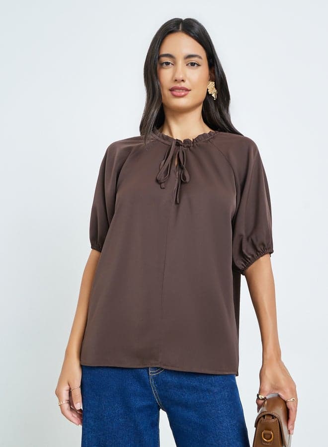 Brown Solid Tie-Up Neck Blouse