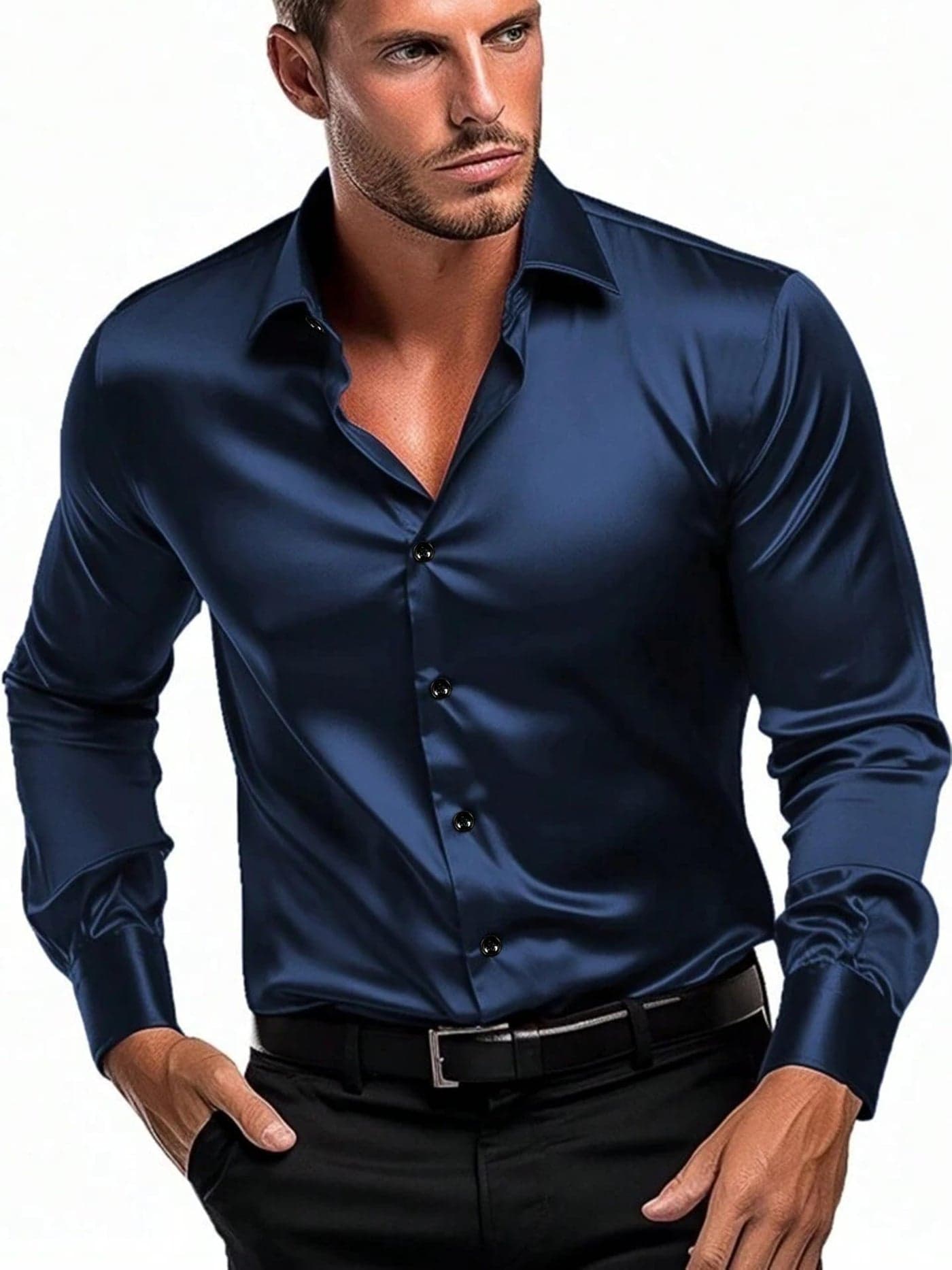 IndoPrimo Men's Classic fit Plain Satin Casual Shirt for Men Full Sleeve (in, Alpha, 2XL, Navy)