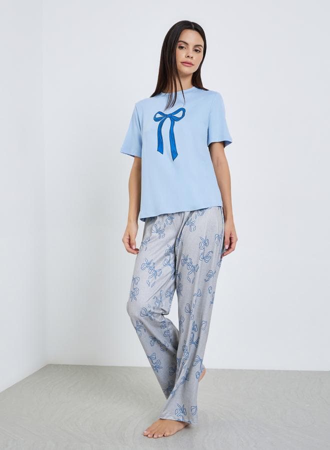 Blue Round Neck Bow Print T-Shirt and Pyjama Set