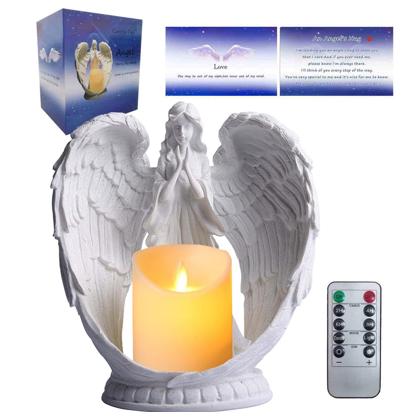 Carefree Fish Starry Sky White Angel Wing Praying Sandstone Statue Angel Figurine Prayer Home Decor Memorial LED Candle Holder 9Inch Remote Control with Timing Function