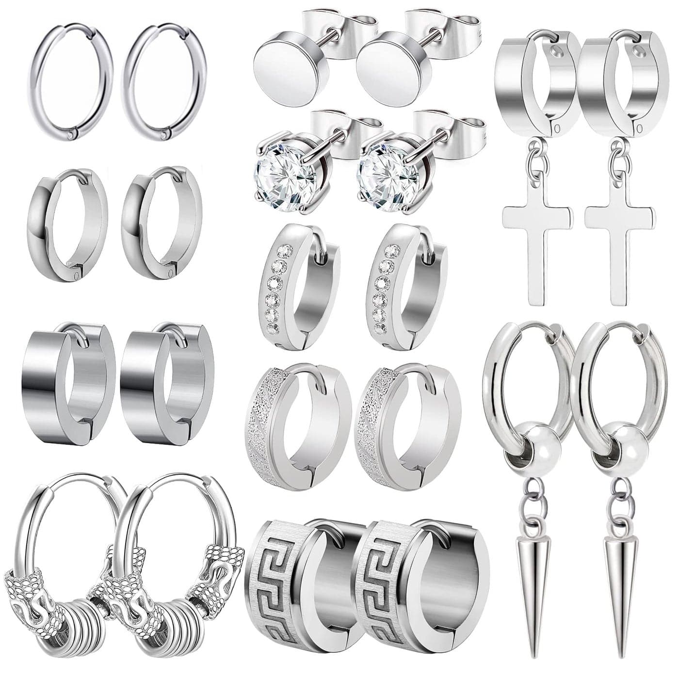 Earrings for Men Women, Funtopia 11 Pairs Stainless Steel Small Hoop Earrings, Cross Dangle Earrings Set, Fashion Huggie Earrings Piercing Jewelry for Party Birthday, Silver