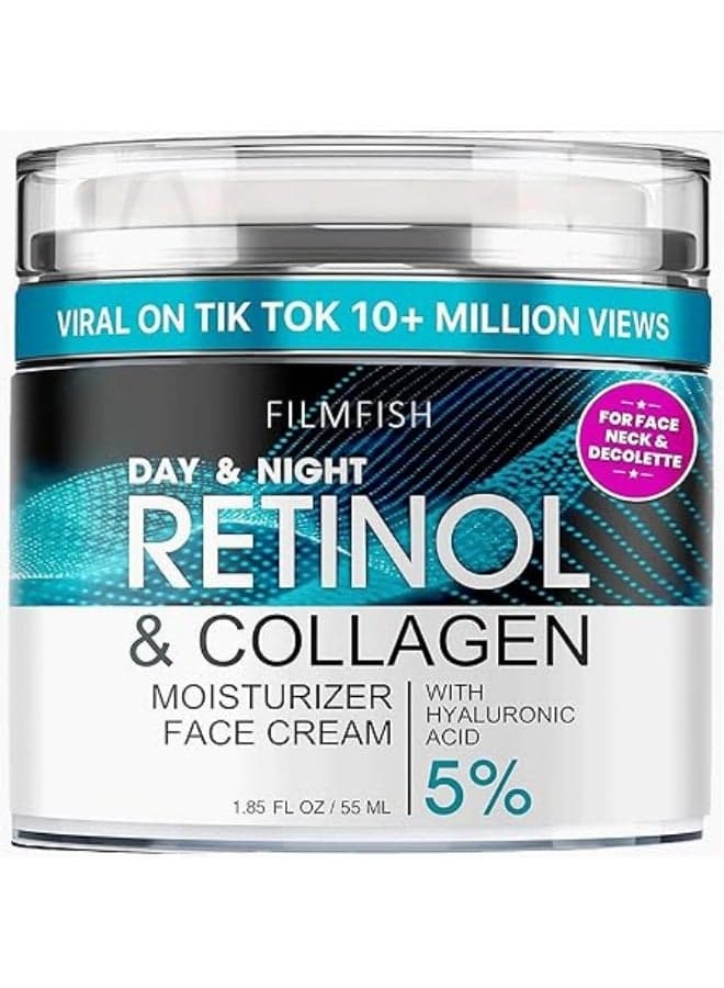 Day & Night Retinol Cream for Face - 55 ml丨1% Retinol, 2% Collagen, 5% Hyaluronic Acid丨Anti-Aging & Wrinkle Reduction, Deep Hydration & Enhanced Elasticity丨For Men & Women