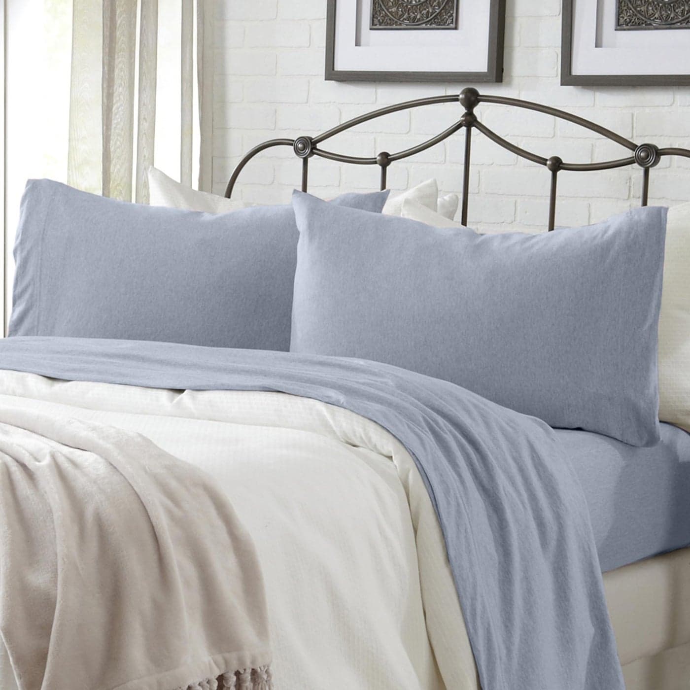 Great Bay Home Cotton Jersey Knit Queen Sheet Set UltraSoft Stretchy Heathered Melange Sky Blue Bed Sheets Cozy Soft TShirt Sheet Pillowcase Set
