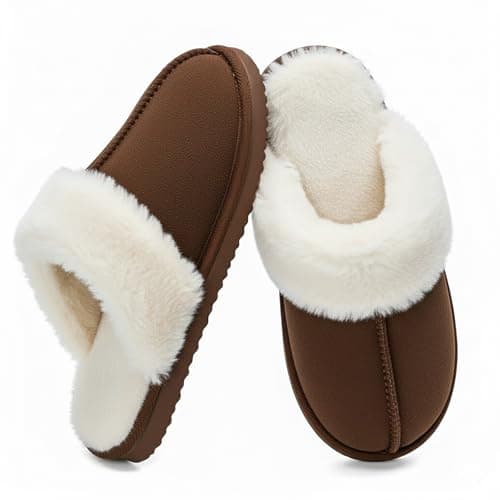 OOW Fuzzy Slippers for Women Cozy Faux Fur House Shoes Winter Warm Memory Foam Slippers for Indoor and Outdoor Coffee Size 8