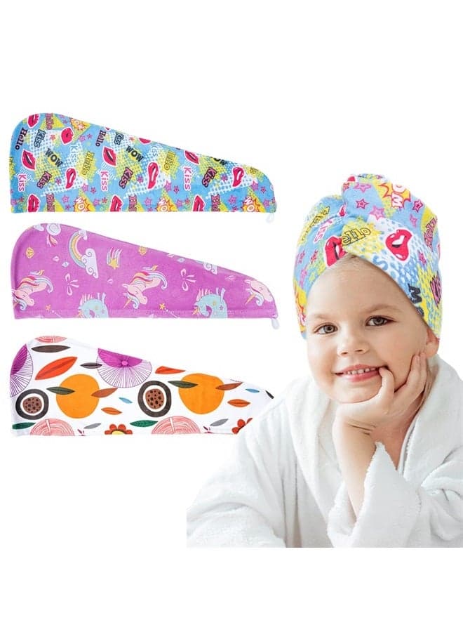 Microfiber Hair Drying Towels for Kids, 3 Pack Unicorn Wet Hair Towel Wrap Turban for Girls Children Women, Quick Dry Twisty Hair Towels Wrap for Curly Long Thick Hair Anti Frizz