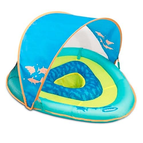 SwimSchool Deluxe Baby Float with Adjustable Canopy 624 Months Baby Swim Float with Splash Play Activity Center Safety Seat BlueOrange