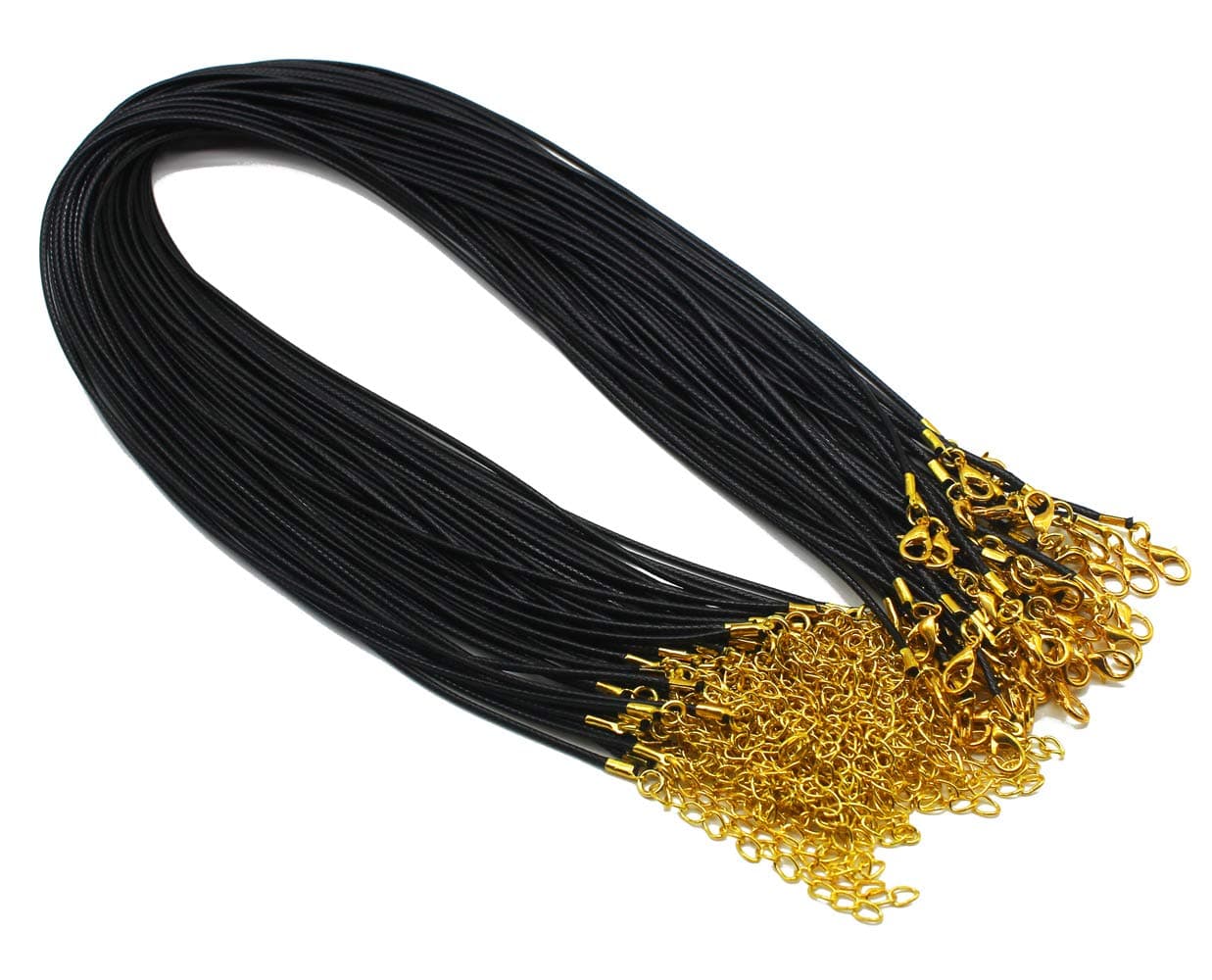 Sovenny 50 Pieces 15mm Black Waxed Necklace Cord with Gold Chain Lobster Clasp for Bracelet Necklace and Jewelry Making