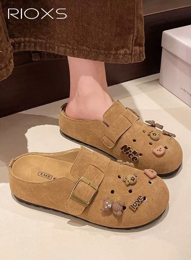Suede Clogs for Women, Funny Slip-on Potato Shoes with Ventilated Holes and Adjustable Buckles, Women's Comfort Cork Clog Mule, Breathable Footbed Suede Cork Clogs Mules, Non-slip Ladies House Slipers with Arch Support, Casual Slip Ons Mules for Mom Girlfriend Wife Sisters, Clog Slippers Light Brown