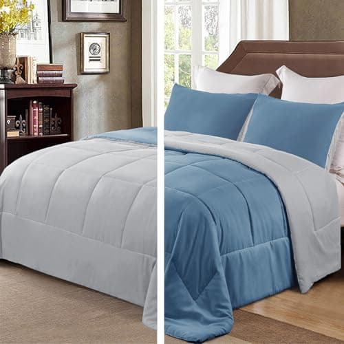 Exclusivo Mezcla Lightweight Reversible Queen Size Comforter Set, Down Alternative Comforter with 2 Pillow Sham, Queen Size Bedding Set for All Seasons, Bluish Grey