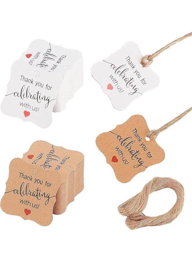 200Pcs Thank You Tags, Kraft Paper Gift Tags with Hemp Ropes, 1.2 Inch White Brown Tags for Wedding Birthday Valentine's Day