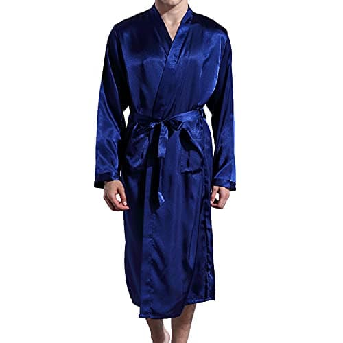 Lu's Chic Men's Silk Robe Lightweight Satin Kimono Summer SPA Lounge Long Sleeve Silky Bath Robe Soft Knee Length Bathrobe with Pocket Blue X-Large