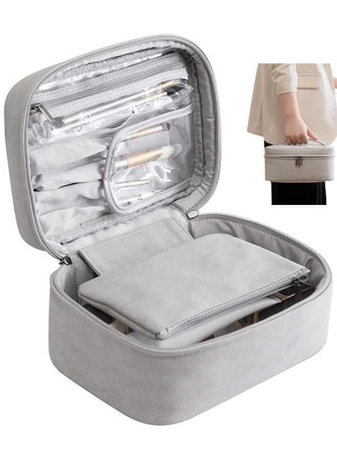 Large Capacity Cosmetic Bag Leather Cosmetic Bag Toiletry Bag Portable Cosmetic Storage Bag Travel Cosmetic Bag for Women and Men (Grey)