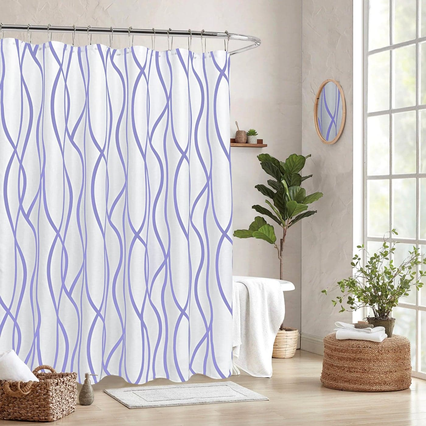 Biscaynebay Textured Fabric Shower Curtain 72x72 Inch Lavender Printed Striped Linen Modern Hotel Luxury Quality Cloth Bathroom Curtains Machine Washable