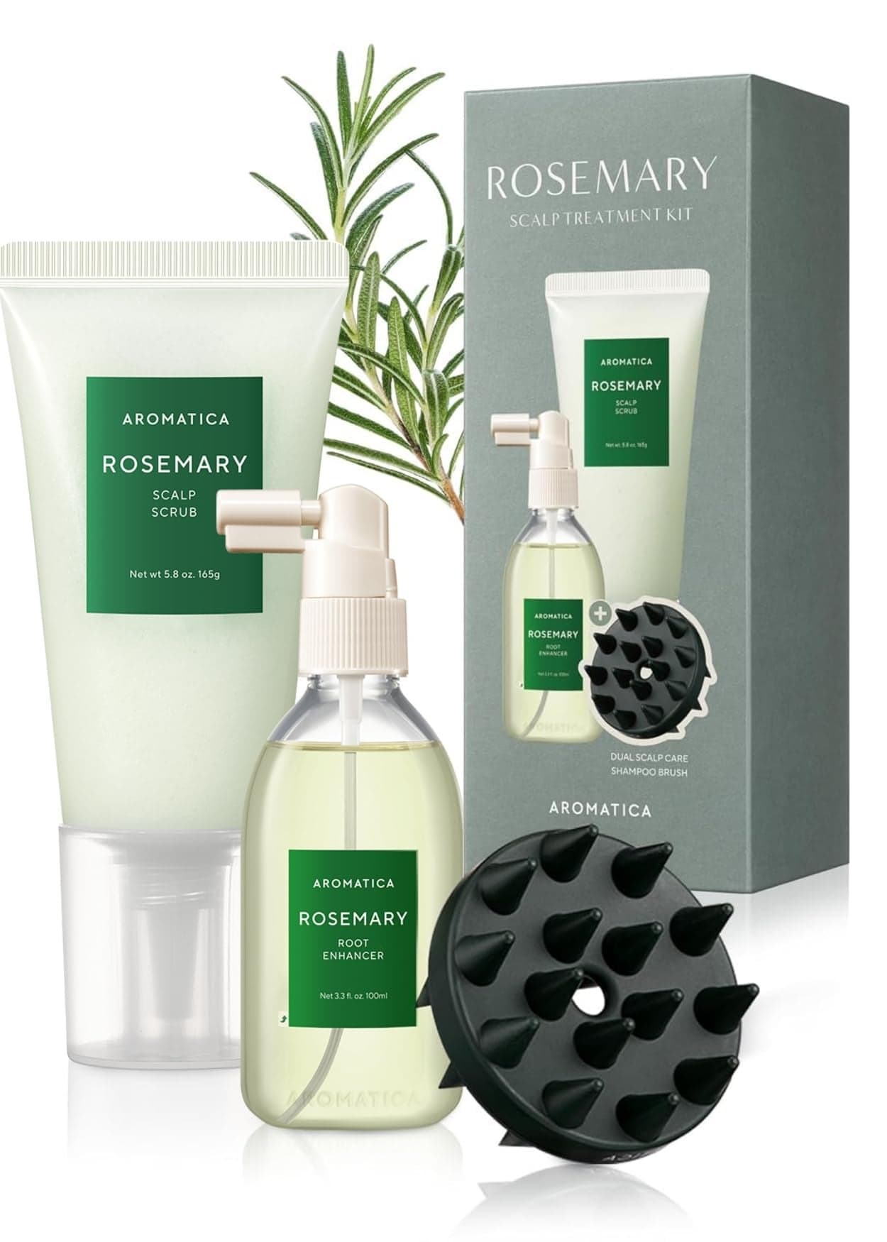 AROMATICA Rosemary Scalp Care Gift Set Hydrating Scalp Treatment with Rosemary Enhancer Rosemary Scalp Scrub and Dual Scalp Brush Free from Sulfate Silicone and Paraben