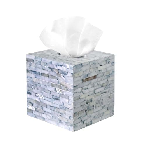 PEMAR Mother of Pearl Inlay Decorative Tissue Holder - Handcrafted Wooden Tissue Box Cover for Small Cube Tissue Boxes Only (Max Inner Size 4.7”) for Bathroom, Living Room & Office (Blue)