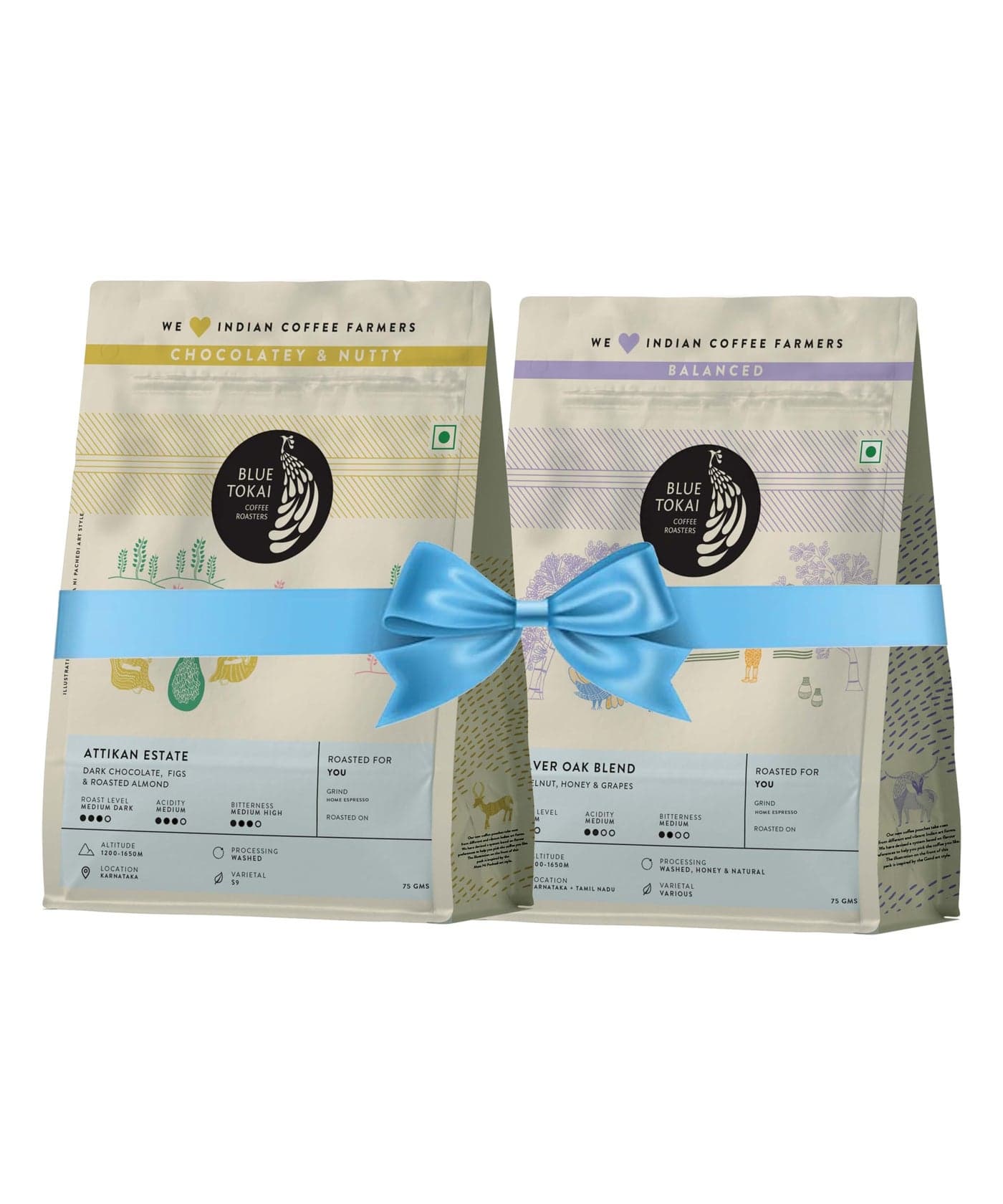 Blue Tokai Coffee Roasters Sampler Pack of Coffee Blends | Attikan Estate - Medium Dark Roast & Silver Oak Café Blend - Medium Roast | Home Espresso Grind | 100% Arabica Beans | Freshly Roasted | 75g Each Pack of 2