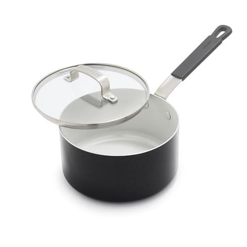 GreenPan x Bobby Flay 25QT Nonstick Saucepan with Glass Lid PFASFree Diamond Ceramic Induction Suitable StayCool Silicone Handle Easy Clean Dishwasher Oven Safe Chef Pan Graphite