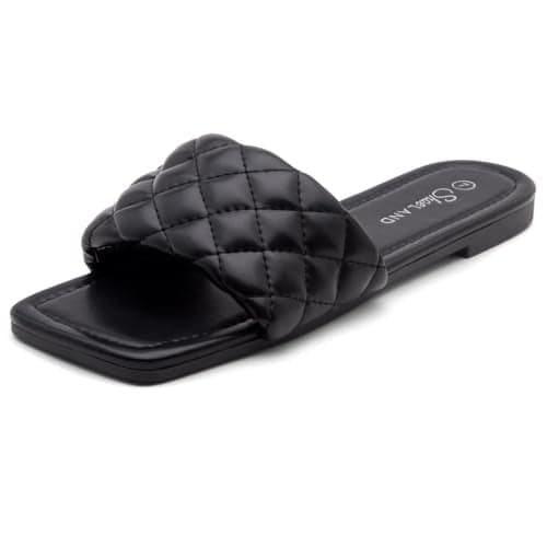 Shoe Land Women’s Flat Sandals – Quilted One-Band Fashion Slides with Square Open Toe & Comfort Footbed | Dressy Casual Slip-On Sandals for Summer, Travel & Daily Wear, Black, Size 11.0, Anisha