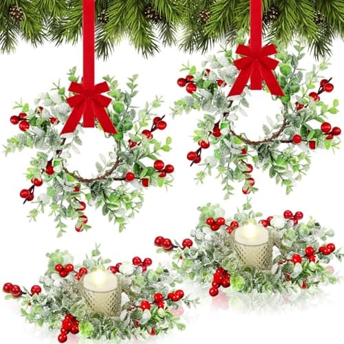 WILLBOND Christmas Candle Rings Wreath Artificial Red Berries Snowy Eucalyptus Garland Decor Christmas Kitchen Cabinet Hanging Wreaths for Front Door Window Table Centerpieces Decor(4 Pieces)