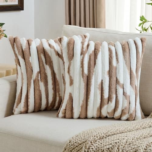 FUTEI Pack of 2 Faux Fur Plush Throw Pillow Covers 18x18 Inch Soft Tie Dye Striped Textured Farmhouse Decorative Cushion Covers Modern Home Decor for Couch Bed Living Room Brown White