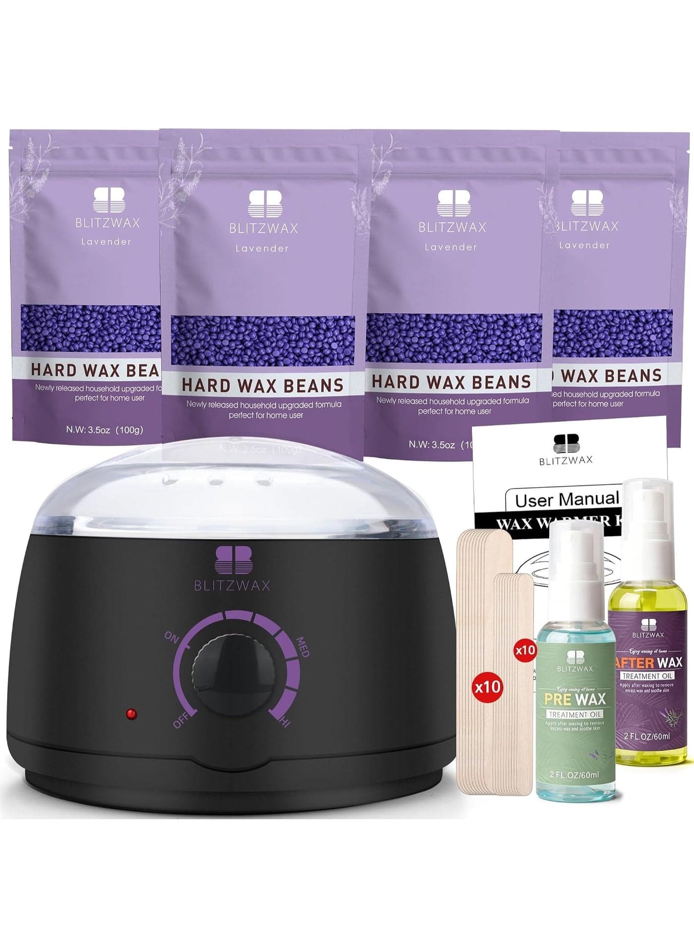 BLITZWAX Waxing Kit Hair Removal Wax Warmer Kit with Sensitive Skin Formula 414ml Lavender Hard Wax Beans for Facial Eyebrow Armpit Bikini Brazilian, Removes All Hair Types