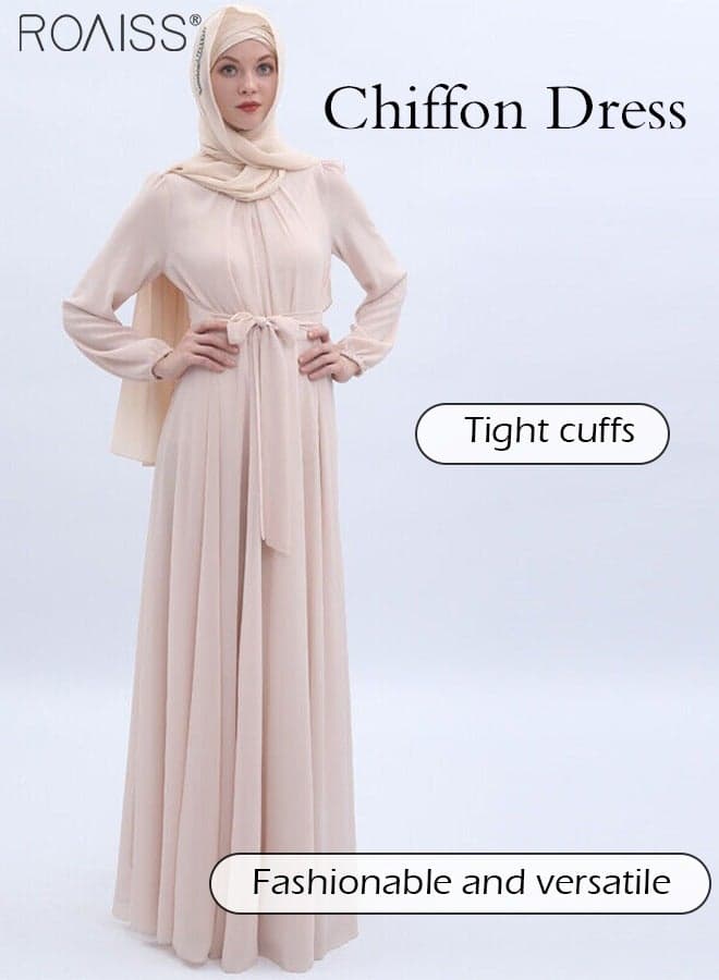 Fashionable Muslim Chiffon Crew Neck Dress Women'S Daily Commuting Solid Color High-Rise Long Sleeve Belt Tightening Large Skirt Dress Robe for Ladies Elegant Temperament Casual Outfit