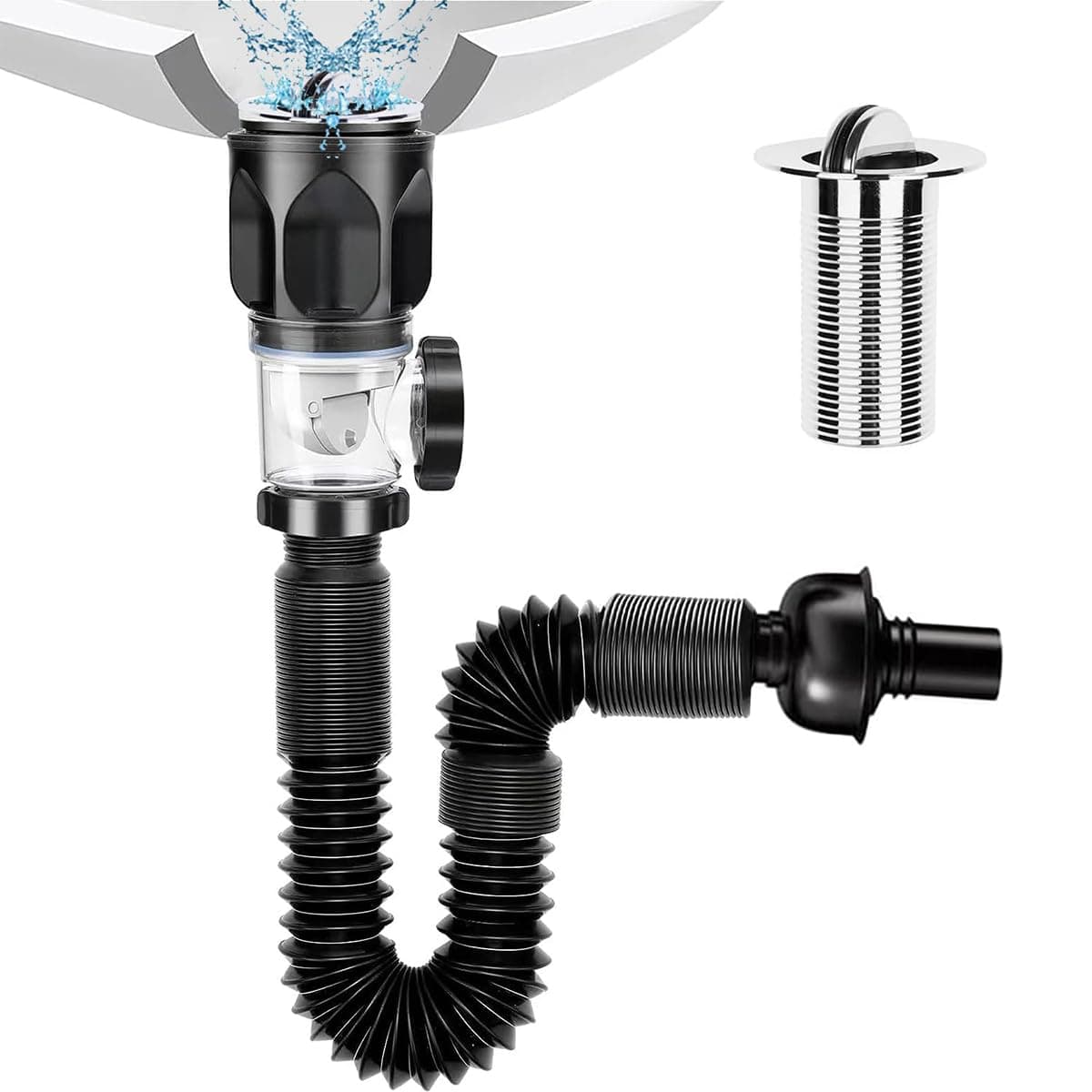 HASTHIP Plastic Sink Drain Kit With Flexible Expandable P-Trap Sink Drain Pipe Tube Anti-Odor Bathroom Sink Drain Pipe 3 In 1 Plumbing, Fits For 3-4.5 Cm Drain Hole, For Kitchen Bathroom Sewer Drain