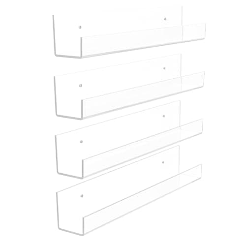 YFEEN 4 Pack Acrylic Shelves for Wall Storage,12" Floating Bookshelves for Kids, Display Shelf for Bathroom, Bedroom,Decor, Clear