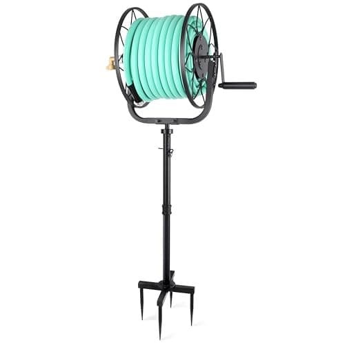 Favormony Garden Hose Reel - Heavy Duty Outdoor Turntable Water Hose Holder with Sturdy Cross Base, 100 ft of 5/8" Hose Capacity, Height Adjustable 360 Degree Rotate Freestanding Hose Stand for Yard