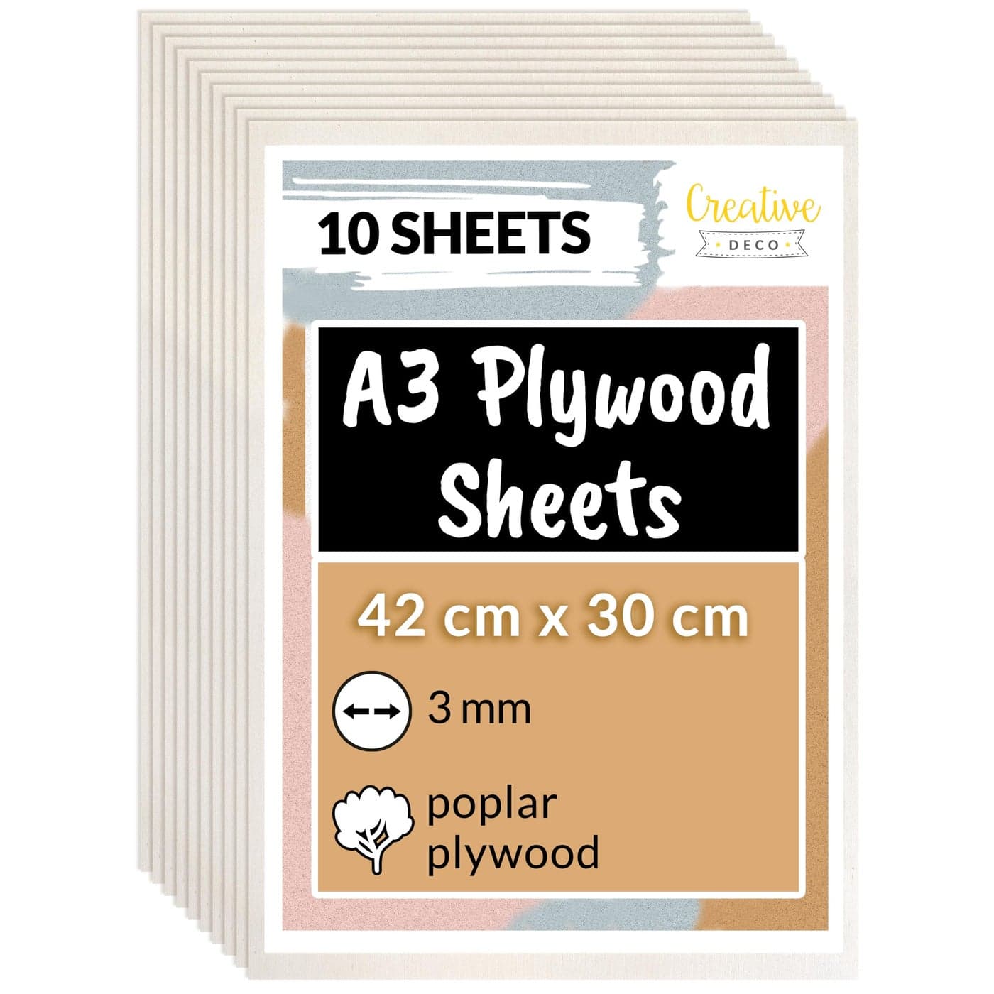 Creative Deco 10 x A3 Plywood Sheets 420 x 300 x 3 mm 2mm Poplar Wood Ply Perfect Board for Wood Board DIY Home Decor Arts Craft Painting Laser Cutting CNC Scroll Saw Stenciling Pyrography