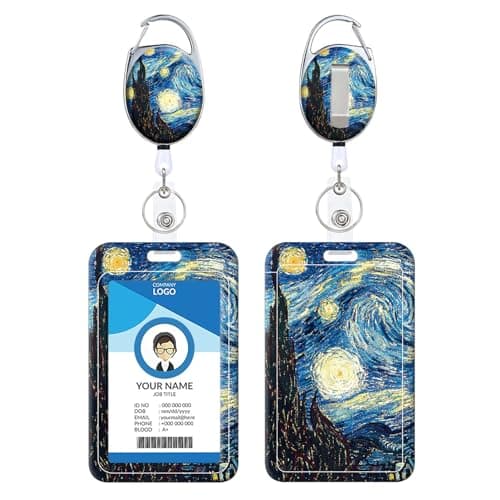 Retractable Badge Holder, Cute Print Pattern Belt Clip Badge Reel with Keychain, Name Tag Work Vertical Id Card Protector for Nurse Medical Teacher Student (Art Night Painting)