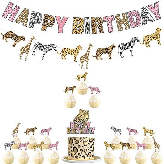 Festiko®Pink Cheetah Birthday Decorations for Girl - Jungle Safari Theme Party Decorations with Happy Birthday Banner Animal Print Garland Cheetah Balloons Cupcake Cake Toppers