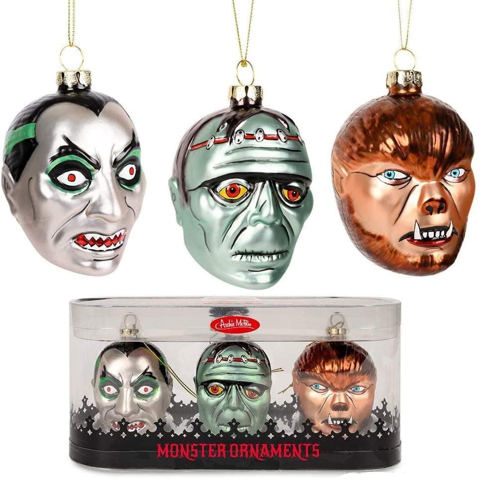 Archie McPhee Set of 3 Monsters Blown Glass Christmas Ornaments Dracula Werewolf Frankenstein Skeleton Color