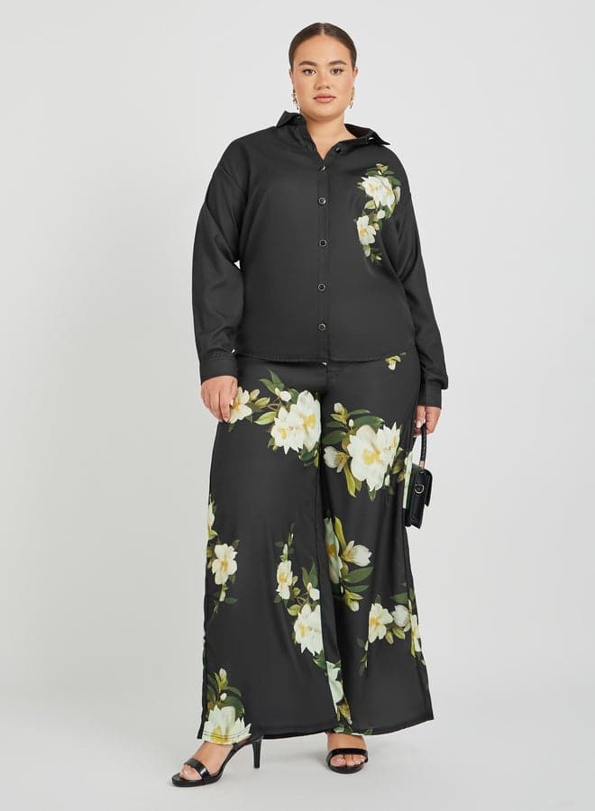 Plus Size Floral Printed Satin Shirt and Wide Leg Pants Co-Ords
