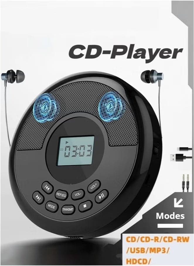 Portable Dual speaker stereo CD Player with Bluetooth 5.0 - Rechargeable Walkman Style Player with Anti-Skip Protection | Built-in Speakers & Includes Headphones | Plays CDs/USB/BT, for Car (Black)