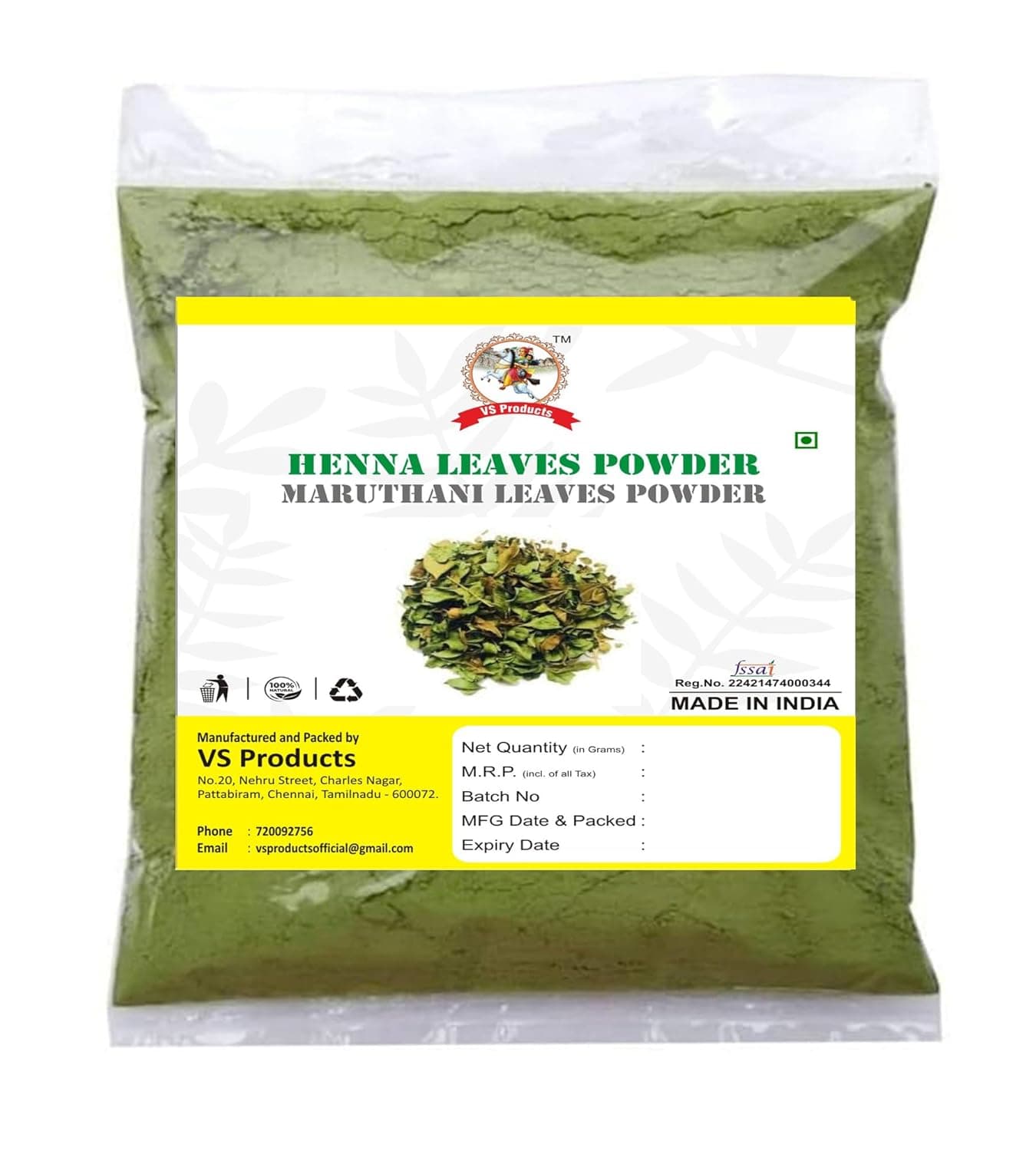VS Products Henna Powder 550g Maruthani Leaf Gorintaku Mehandi Manjha Aivanam Powder pack of 5 x 100g pack of 1 x 50g