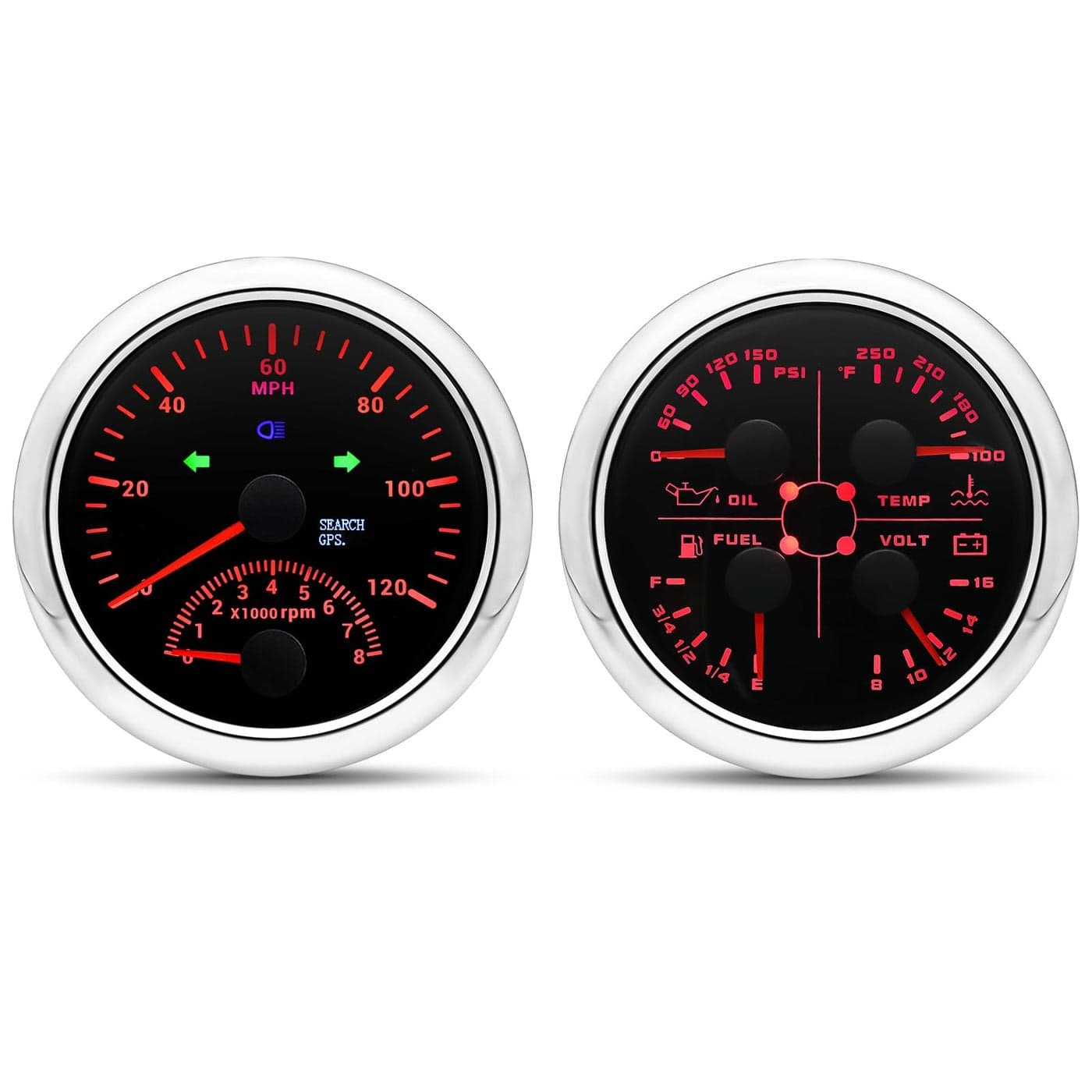 ARTILAURA GPS Speedometer Gauge Set 2 in 1 GPS Speedometer with Tachometer 4 in 1 Oil Pressure Water Temperature Fuel Level Voltage AUTO Boat Gauges Set for Car Marine Black and Silver