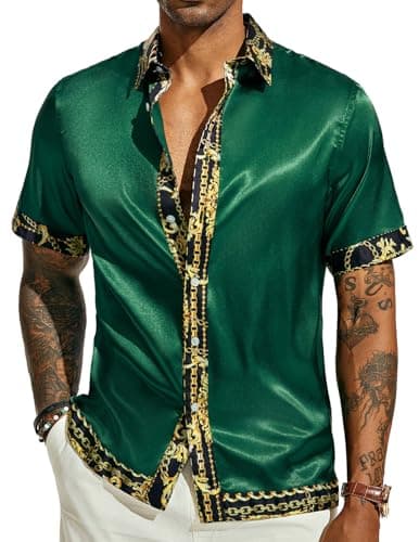 PJ PAUL JONES Mens Satin Silk Button Up Shirts Casual Lightweight Short Sleeve Button Down Untucked Resort Travel Shirt Green XL