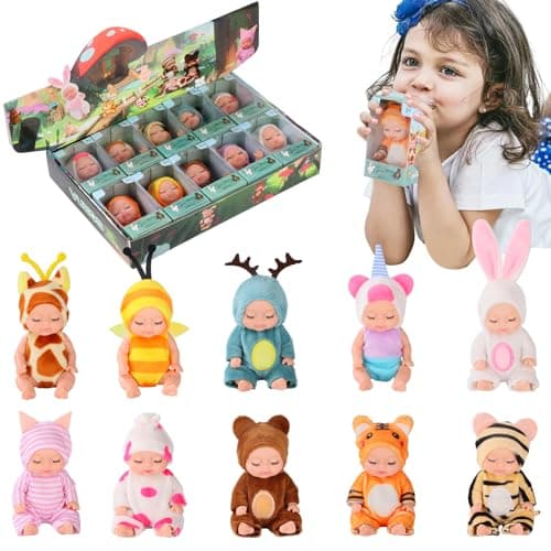 Vueos 10 Pcs 4 Inch Mini Reborn Baby Dolls Set Cute Small Baby Doll with Handmade Animal Clothes Baby Doll Giftbox Gifts for Girls Boys