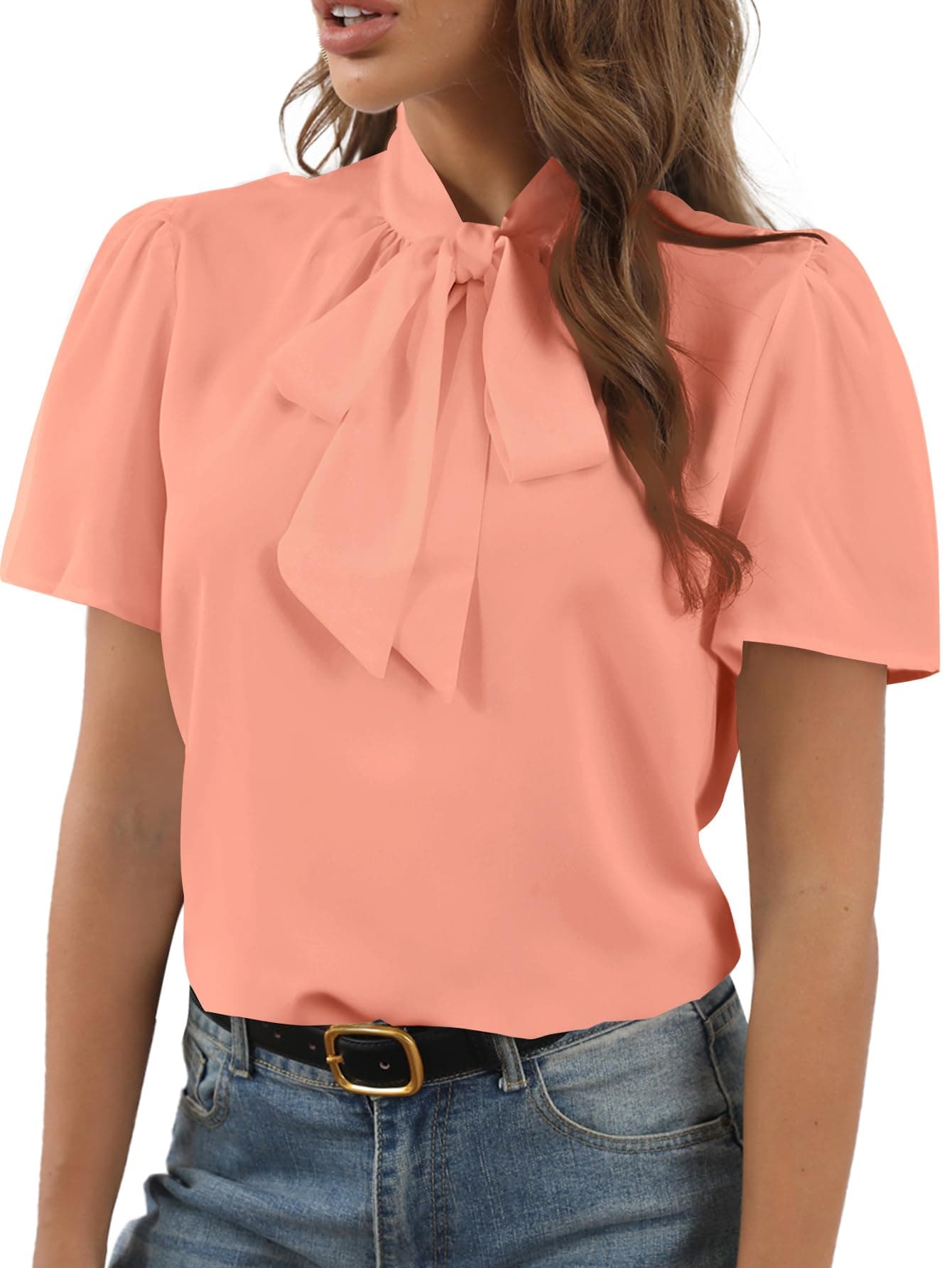 Rooscier Womens Bow Tie Knot Mock Neck Short Sleeve Elegant Workwear Blouse Shirt Top Coral Pink Medium