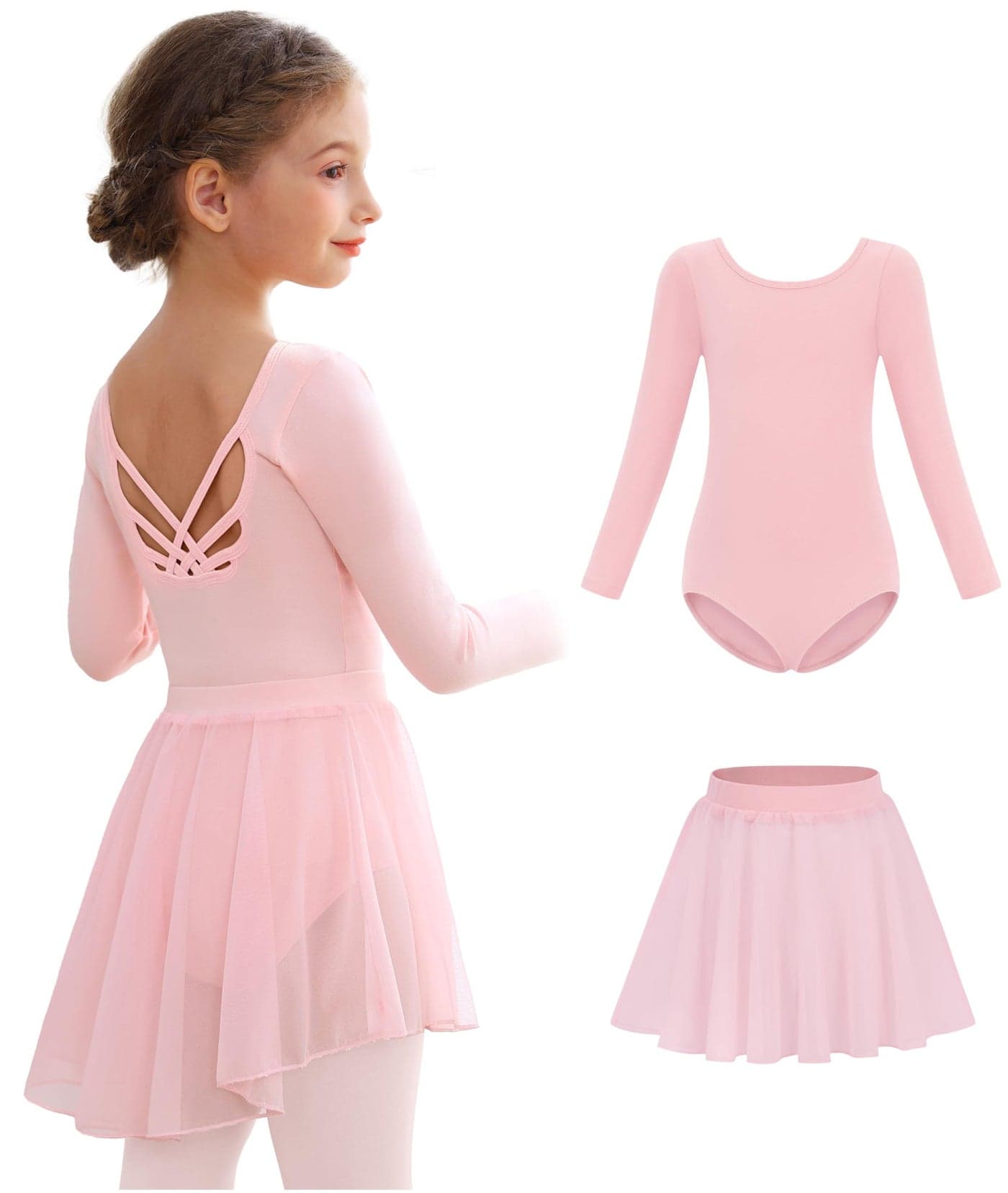 MdnMd Toddler Long Sleeve Dance Ballet Leotards for Girls Skirt Combo Ballerina Dresses Outfit Hollow Knot Back (Ballet Pink, 2-4 Years)