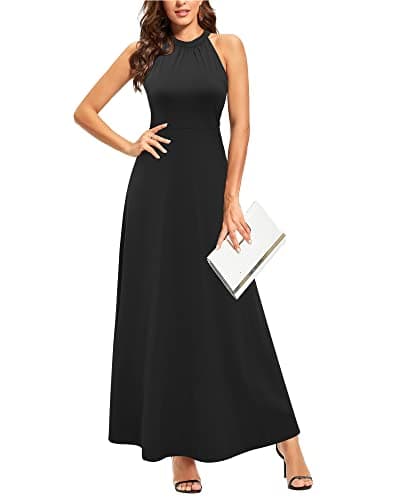 STYLEWORD Women's Summer Halter Neck Long Formal Dress Sexy Sleeveless Cocktail Evening Party Wedding Guest Maxi Dresses(Black,L)