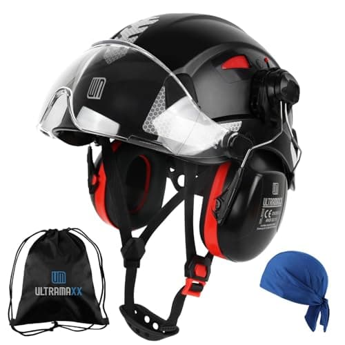 UM ULTRAMAXX Safety Helmet Hard Hat with Visor and Ear Protection ANSI Z891 Approved Lightweight Vented Work Helmet 6Point Suspension Hardhat Ideal for Industrial and Construction Black