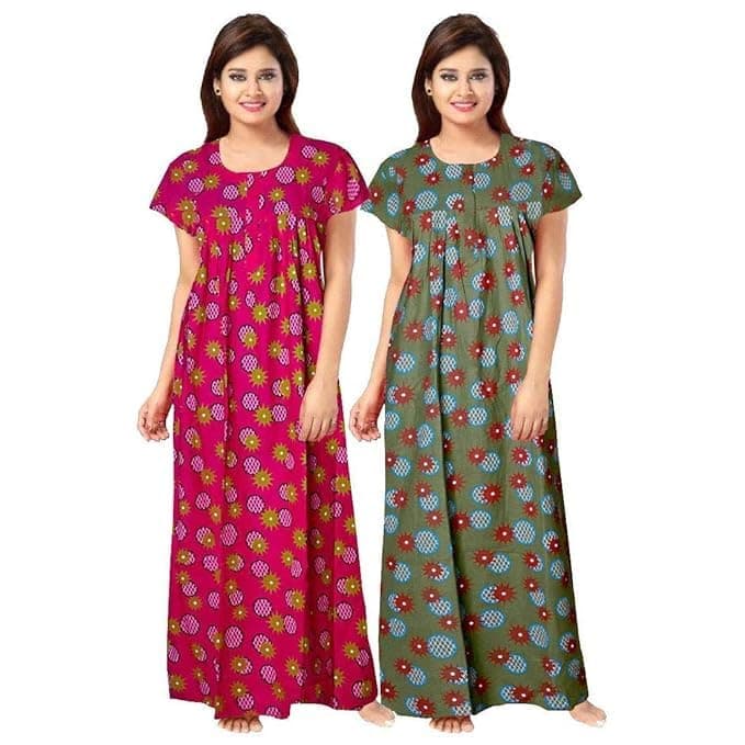 KBNBJ Women's Cotton Printed Maxi Nighty (Pack of 2) (Free Size, 3 Rani & Mehndi)