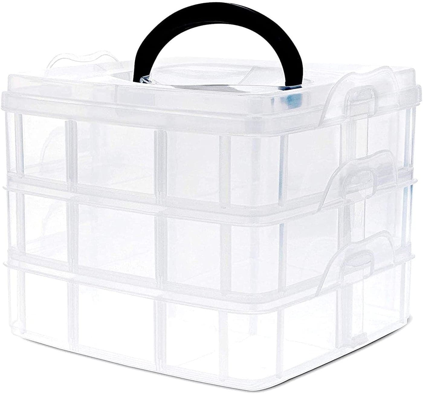DRODRM Plastic Stackable Removable Dividers 18 Compartments 3 Layers with Handle Lids Storage Boxes for Crafts Arts Sewing Tools Kids Small Toys Jewelry Bead Transparent Medium