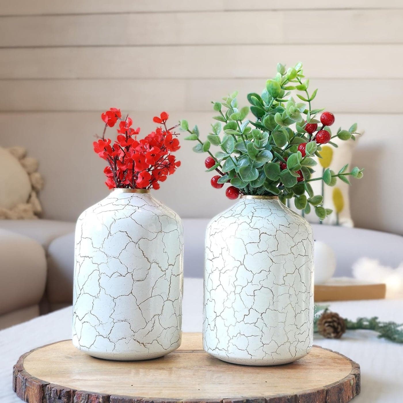 Behoma Metal Flower Vase for Home Decor Bedroom Living Room Table Decorative Item for Festivals 2 Pcs OffWhite Crackled 105 x 157 CM Flower not Included Set of 2