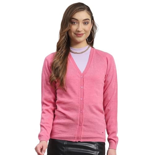 Monte Carlo Womens Pink Solid V Neck Full Sleeve Wool Cardigan Sweater |Winter Sweater for Women | Warm Winter wear for Women's