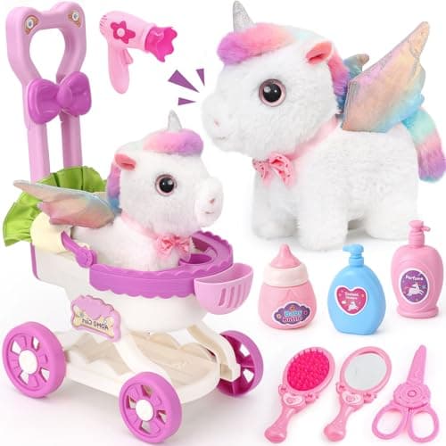 TUZT Girl Interactive Walking Unicorn Stroller Toy Set with Plush Electric Unicorn Groom Care Accessories Pretend Play Christmas Birthday Gift Toddler 3 4 5 6 Years Unicorn Toys for Girls 46