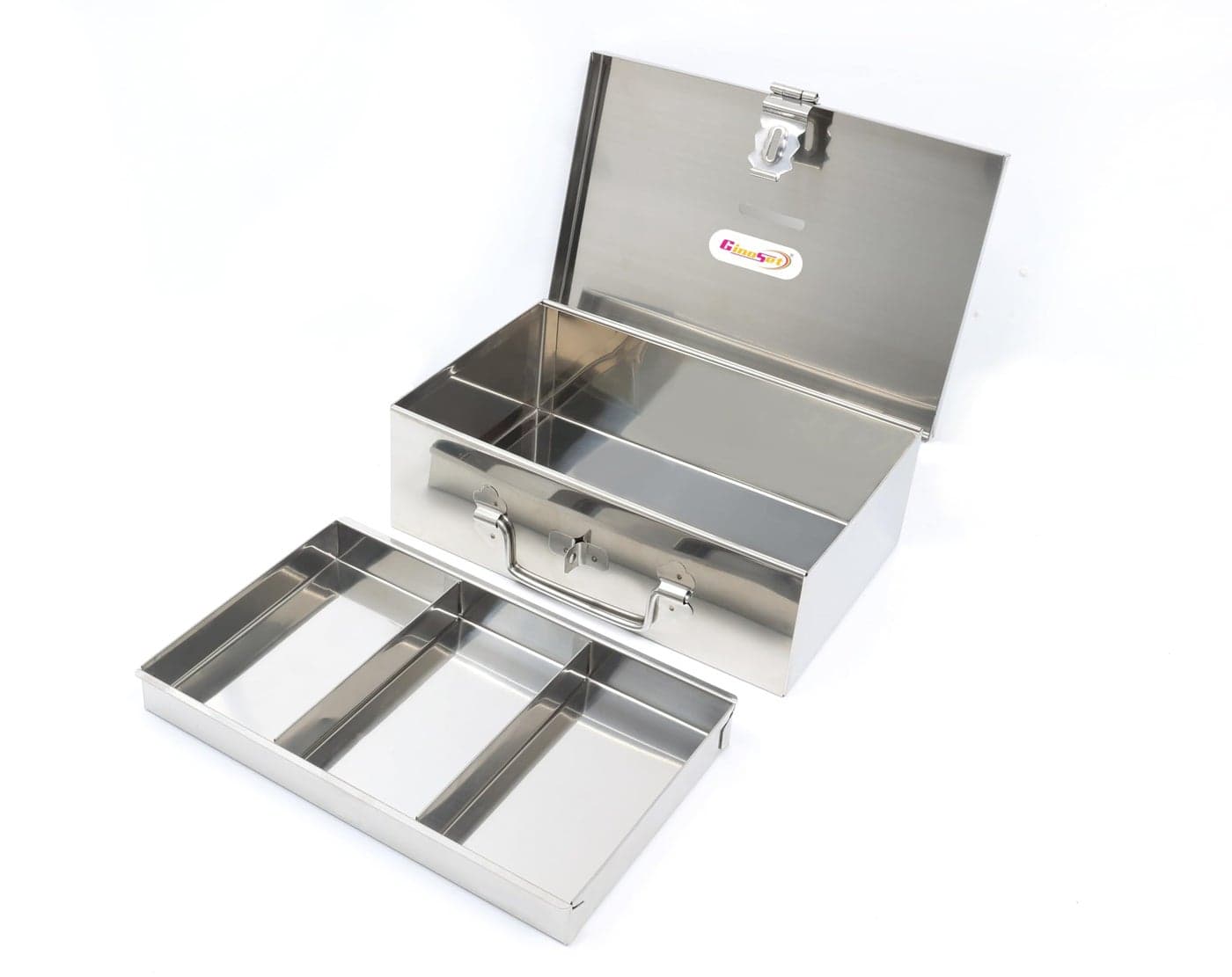 GinoSet® Stainless Steel Storage Boxes, Safe Locker Box, Cash Box for Shop Counter Drawer and Multi Purpose use with 1 Removable Tray (Steel Box with 4 Compartment)
